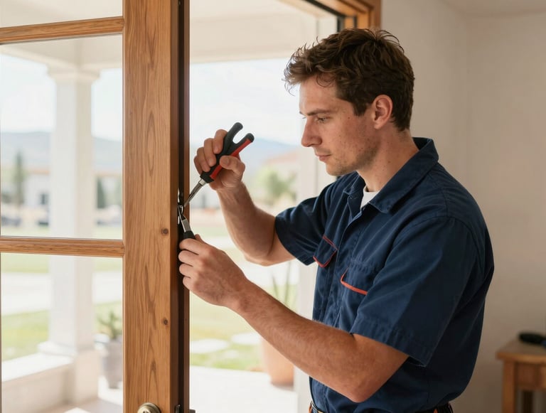 A professional handyman in a navy blue uniform performing precise repairs on a wooden door frame in a sunlit North American home in New Mexico. High-quality tools are visible, clean and organized composition, modern residential interior.