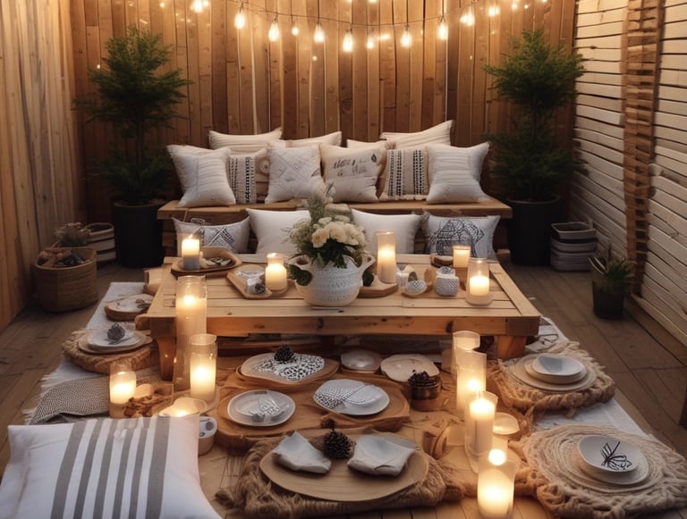 Desert gathering setup with comfortable pallet lounges and ambient lighting under the evening sky.