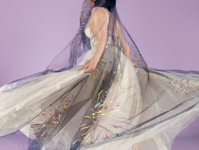 navy blue veil with firework painted streaks of bright multicolors