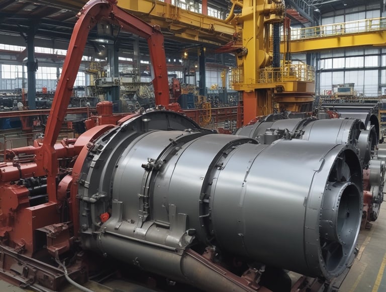 A close-up view of mechanical components featuring a chain and a series of cylindrical parts with golden and red structural elements. The chain is wound around a sprocket, and the parts are supported by a red frame with yellow bolts.