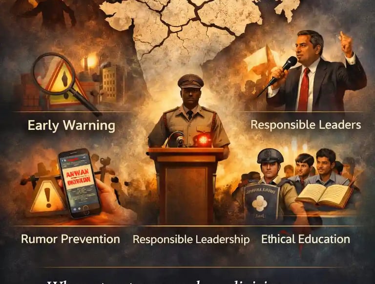 Symbolic India map with structural cracks, justice scales and digital elements reflecting conflict patterns and moral reform.