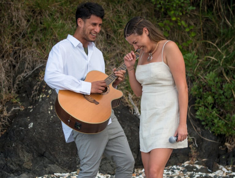 soulfultina and guitarist having a laugh at photoshoot