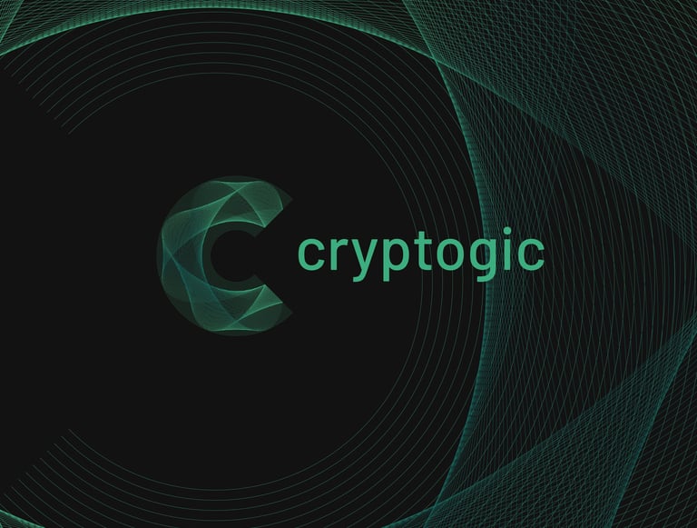 Cryptogic logo featuring a green geometric C icon on a dark digital background with mesh grid lines.