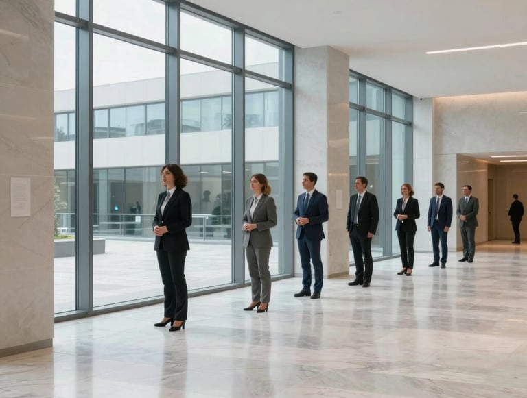 A wide photography of a modern, clean hall with marble floors and large windows, reflecting a sense of global responsibility and professionalism, global Spanish-speaking context, light blue and off-white lighting.