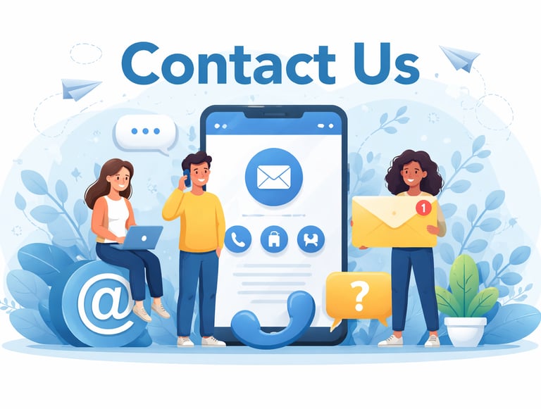 Contact Us page banner illustration with phone, email, and chat icons representing customer support 