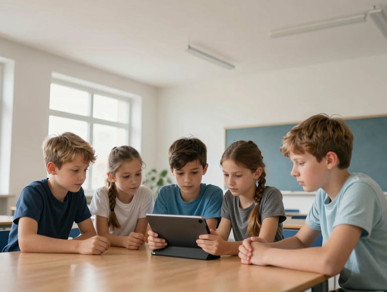 A group of children aged 8 to 12 in a bright, modern classroom in Berlin, focused and calm. They are looking at a tablet together at a wooden table. The room has high ceilings, minimalist decor in off-white and muted blue, and large windows with Central European light. Serious and educational atmosphere.