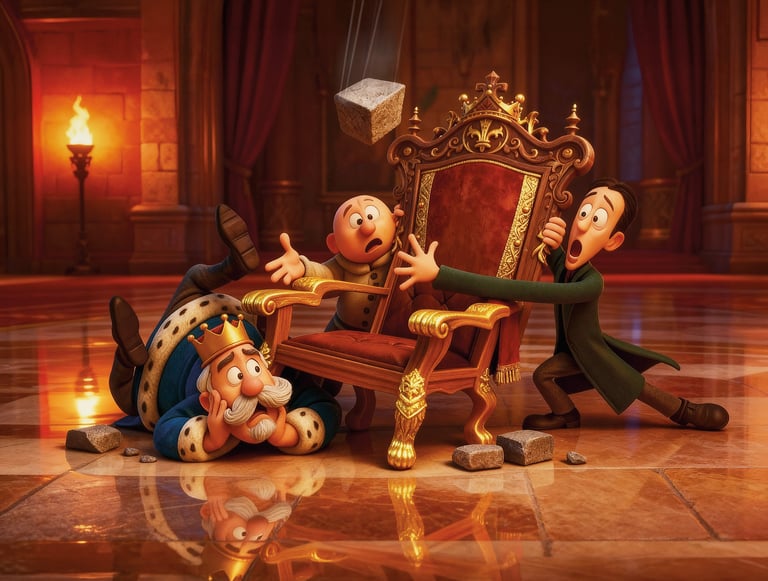 Royal King and two panicked men avoiding a falling stone block in a cartoon castle trap.