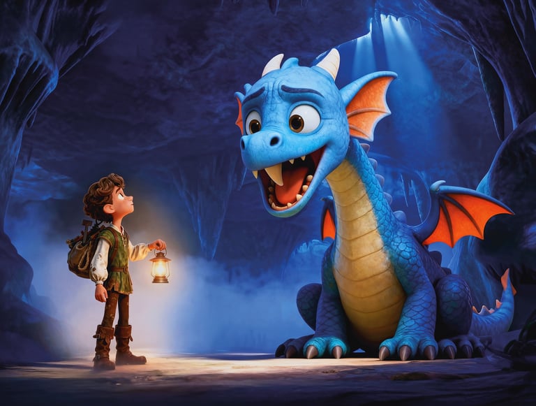 A young explorer with a lantern meeting a friendly blue dragon in a dark, magical cave.