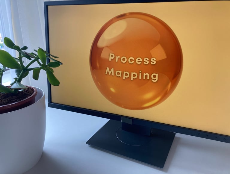 Process Mapping logo on PC monitor plant and curtain