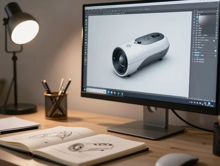 Close-up of a well-organized design workspace: a large monitor showing a 3D product render in progress, a physical sketchbook with precise line drawings open beside a stylus, clean studio ambient light from the left, shallow depth of field, neutral warm tones