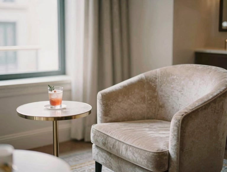 Quiet, luxuriously appointed VIP lounge interior with soft lighting, a plush velvet armchair, and a small, elegant side table with a curated drink, shallow depth of field, warm editorial photography, soft natural window light.