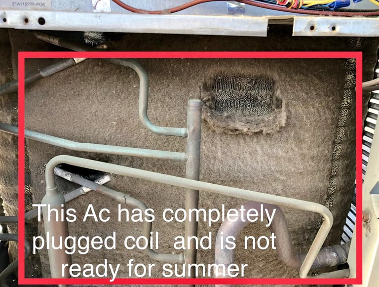 AC has completely clogged coil and is not  ready for summer-bad maintenance example