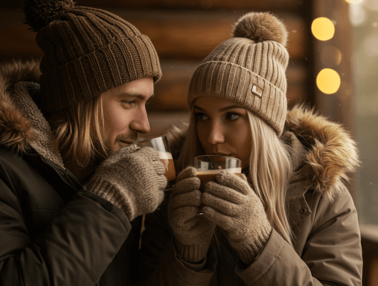 a man and woman drinking coffee in a cabin