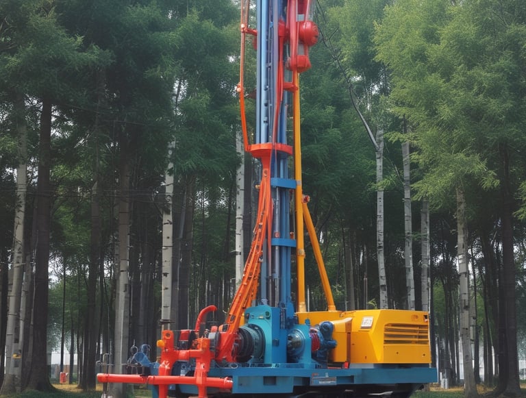 Industrial hydraulic rotary drilling rig machine operating in a forest for geotechnical soil sampling.