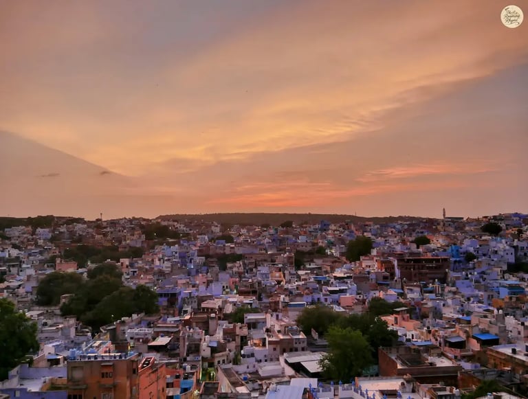 Golden sunset view over the Blue City of Jodhpur as seen from Pachetia Hill
