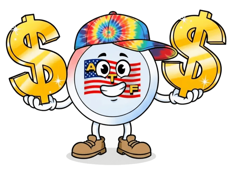 ATF Man mascot: smiling coin character with tie‑dye hat, flag face, boots, and gold dollar signs.