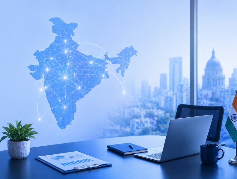 Workspace with India map showing business growth opportunities for Indian companies