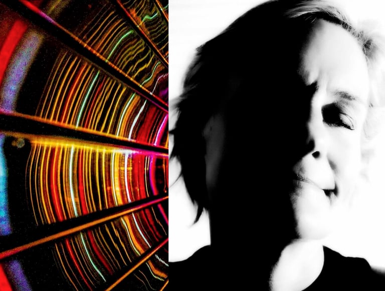 a woman with a camera and a photo of a man