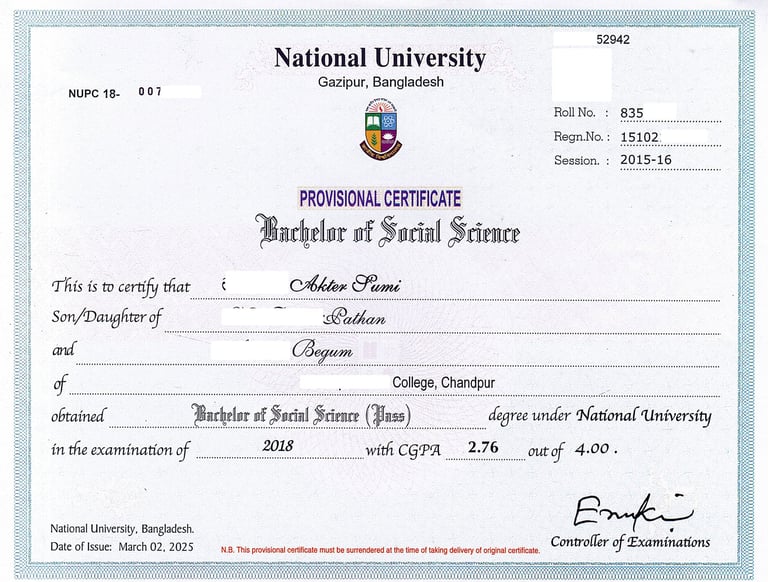 Provisional Certificate-জাতীয় বিশ্ববিদ্যালয়ের সাময়িক সনদ