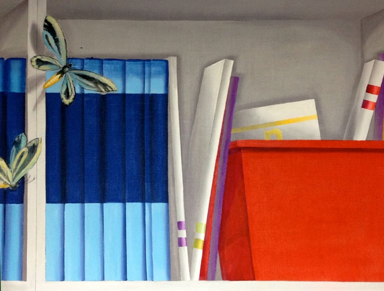 A painted bookshelf in trompe l'oeil style showing butterflies, books and a red container