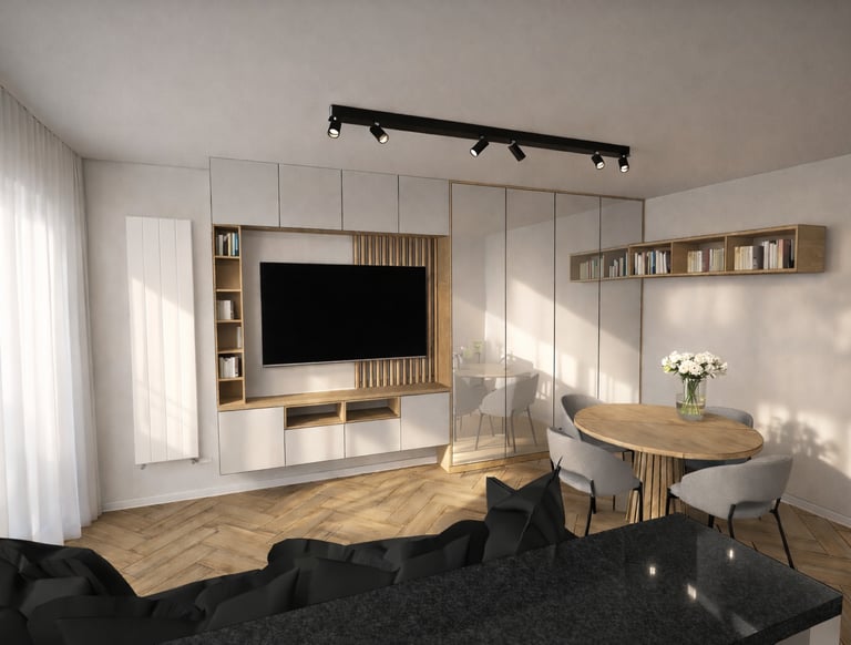 Zabudowa RTV i szafa z lustrzanymi frontami w salonie z jadalnią