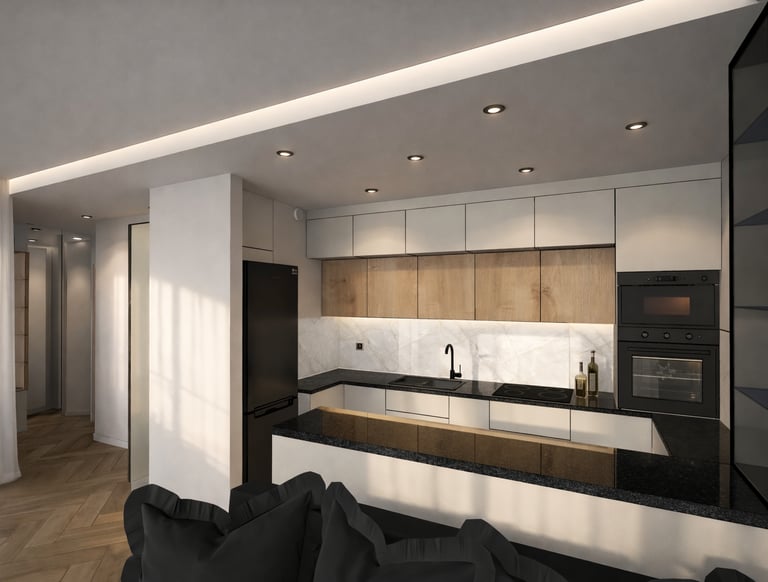 Nowoczesna kuchnia z wyspą, zabudowa meblowa na wymiar, jasne fronty, drewno i granitowy blat