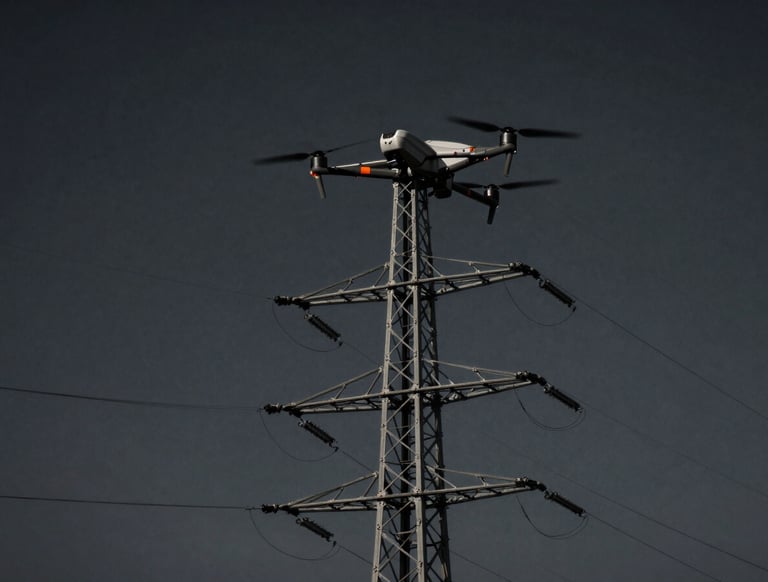 UAV công nghiệp bay theo đường dây điện cao thế, góc nhìn từ trên cao, ánh sáng công nghiệp tương phản cao, bầu trời u ám.