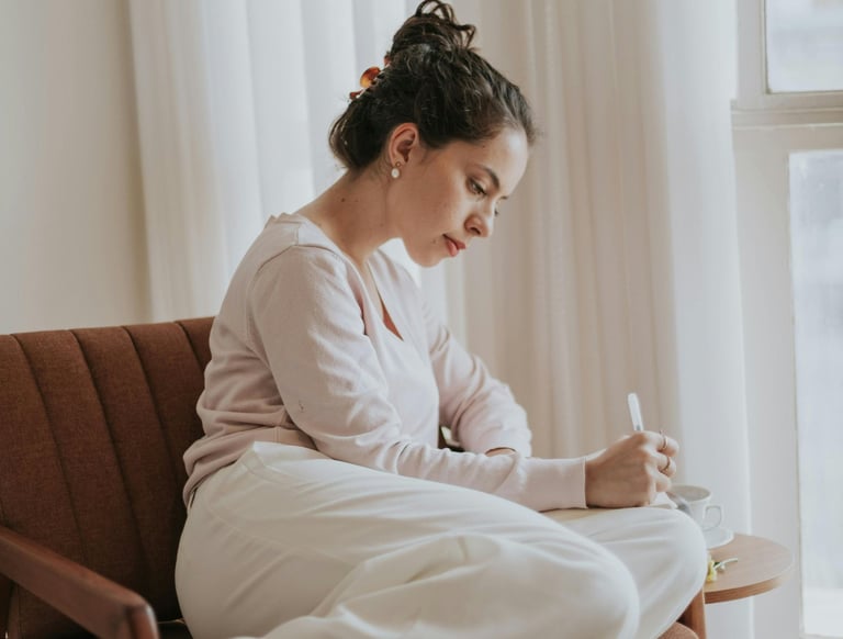 Person journaling during a quiet moment of reflection, part of an ACT therapy practice.