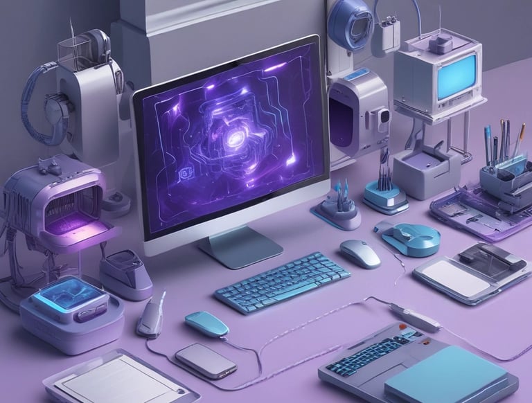 A table cluttered with a variety of electronic components and decorative items. A potted fern sits atop a blue speaker, next to a smaller purple speaker. A vintage oscilloscope is surrounded by wires and circuit boards. A small blue figurine stands next to a black potted plant. In the foreground, colorful electronic projects are strewn across the surface.