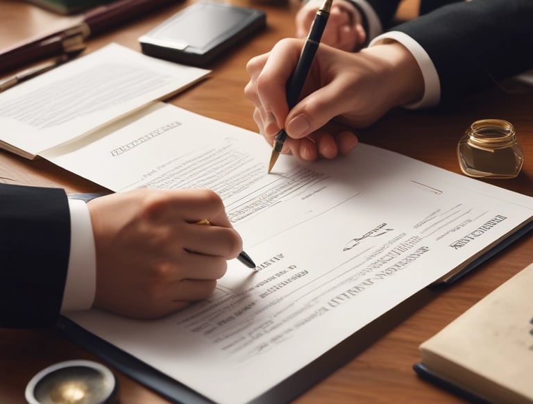 2 sets of hands both holding a pen about to sign a document that is sitting on a desk.