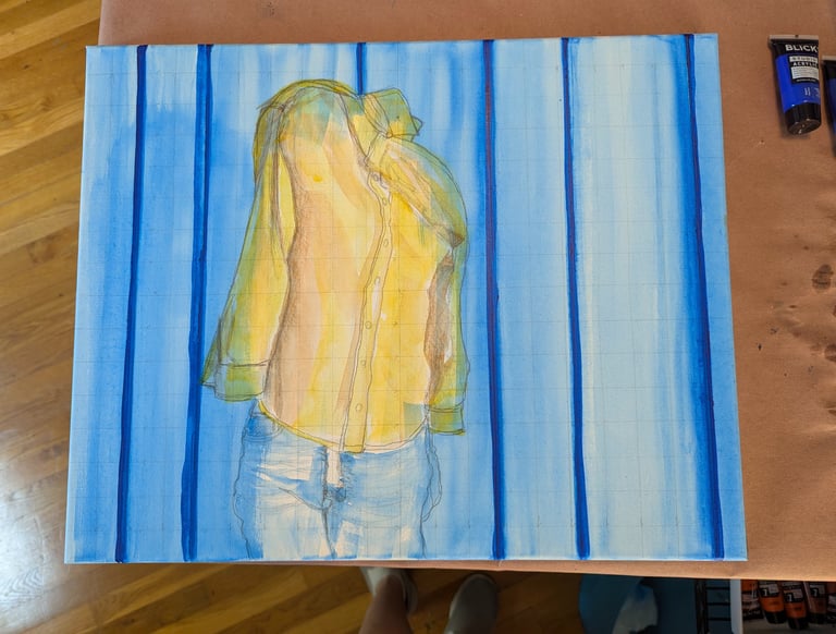 Glazing blues onto a stretched canvas in acrylic paints.