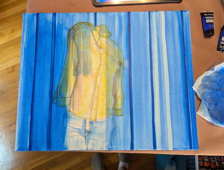 Progress paint glazing on a stretched canvas to create a rich blue curtain.