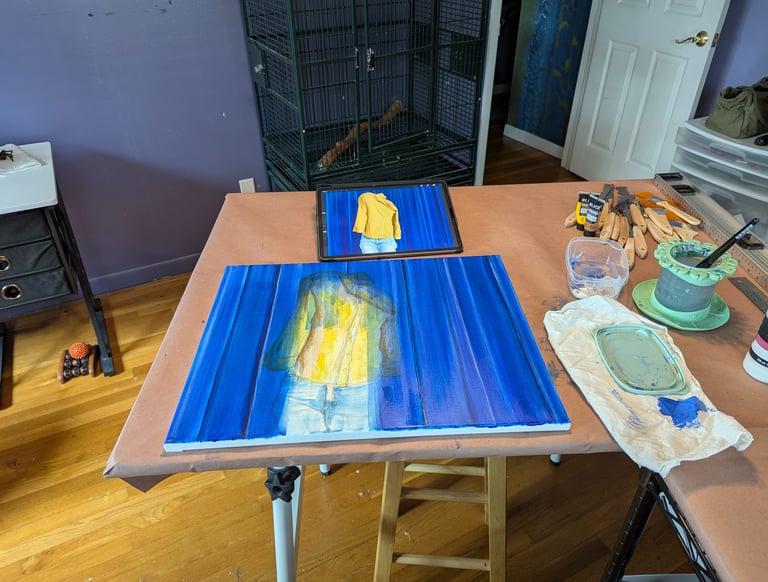 31 glazing layers creating a rich dynamic fabric folds of a thick blue theater curtain.