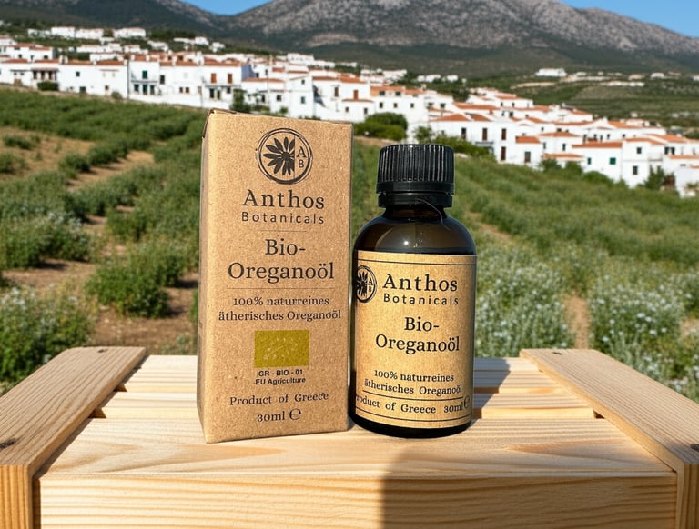 a bottle of organic oregano essential oil in front of a greek village