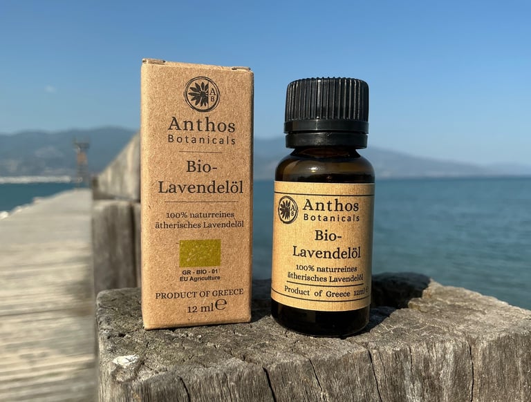 a bottle of lavender essential oil and his package