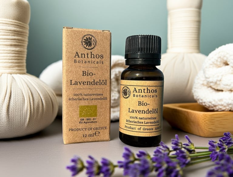 a bottle and a box of lavender essential oil and lavender flowers