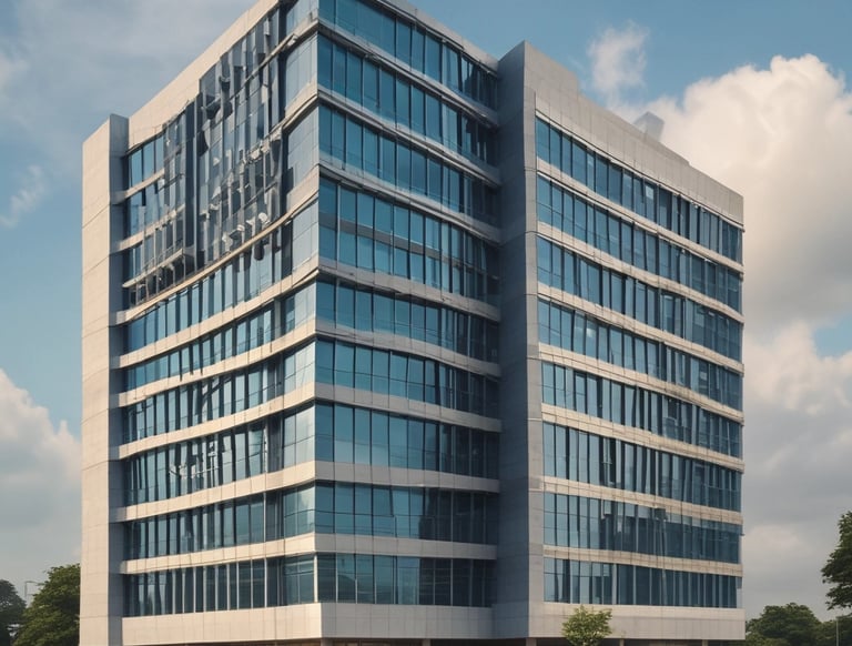The image features the facade of a modern office building with a clean, geometric design. It is constructed with a combination of red brick and large glass panels, and there is a prominently displayed sign for Tata Consultancy Services in blue. Trees partially frame the view, and a lamppost is visible at the foreground.