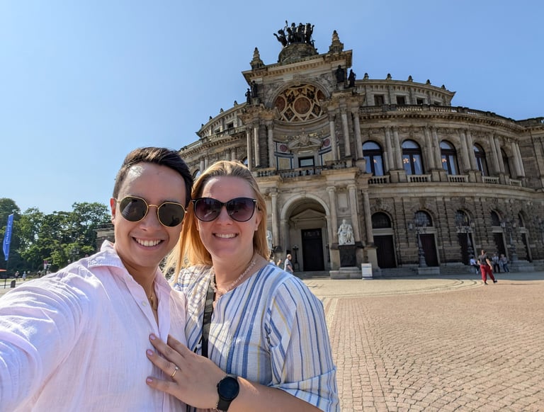 Couple enjoying a walking tour through the historic center of Dresden, Germany.