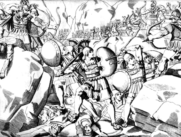 Spartans surrounded by Persians, Battle of Thermopylae. 19th century illustration. Wikipedia