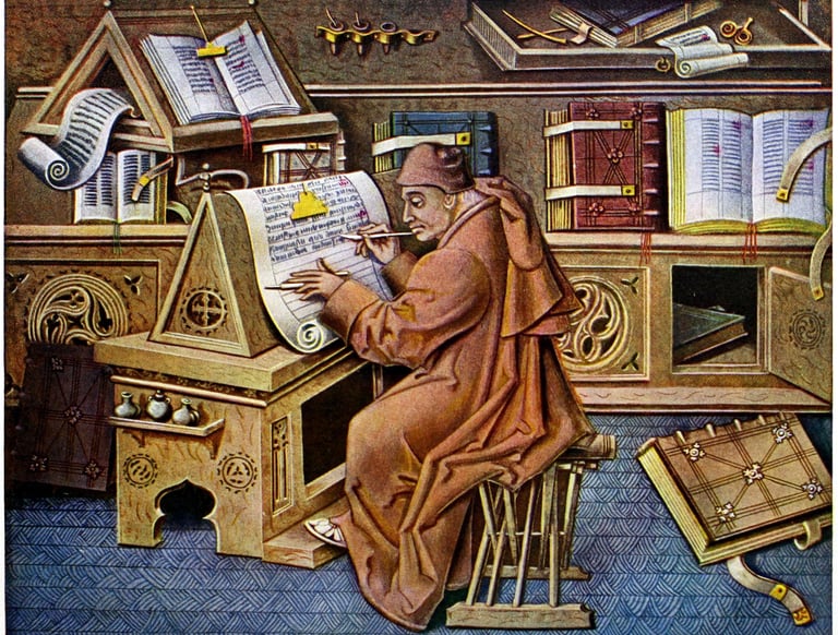 Scribe working on a manuscript, surrounded by his research material