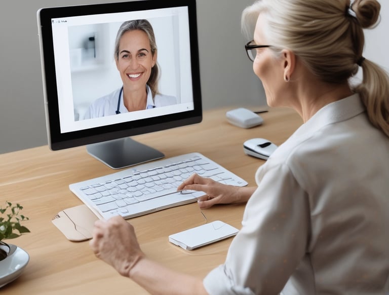 A diverse group of medical professionals consulting around a digital tablet in a bright office.