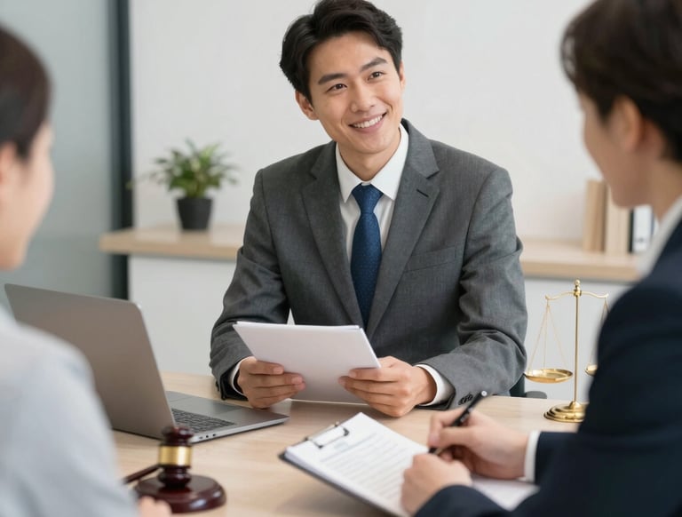 A confident legal advisor discussing documents with a startup team in a modern office.