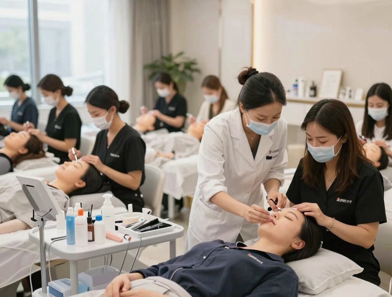 A warm, inviting salon space bathed in soft cream and bluish tones with stylists at work.