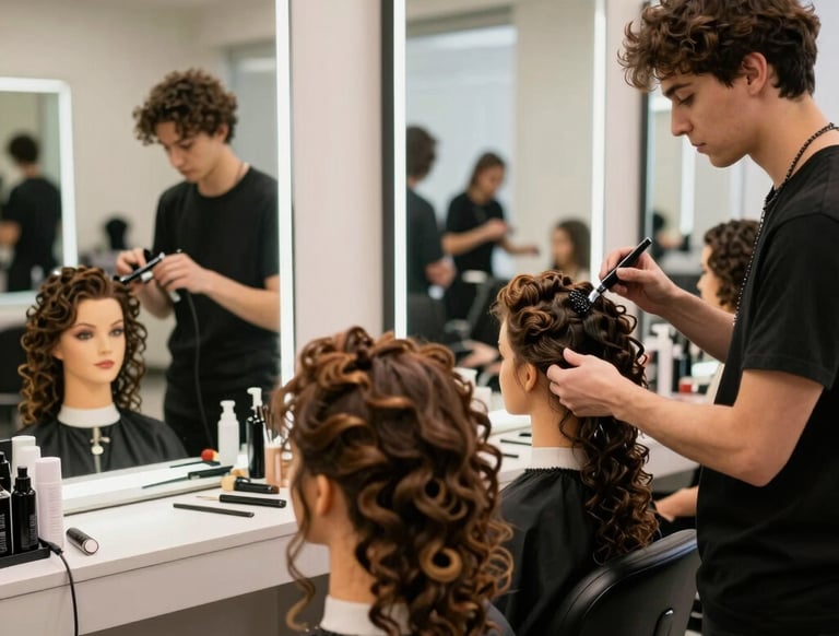 A warm, inviting salon space bathed in soft cream and bluish tones with stylists at work.