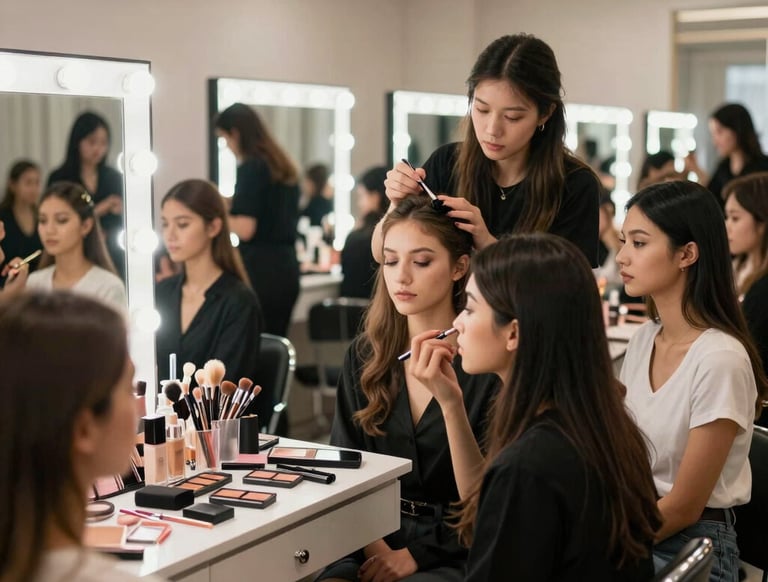 A warm, inviting salon space bathed in soft cream and bluish tones with stylists at work.
