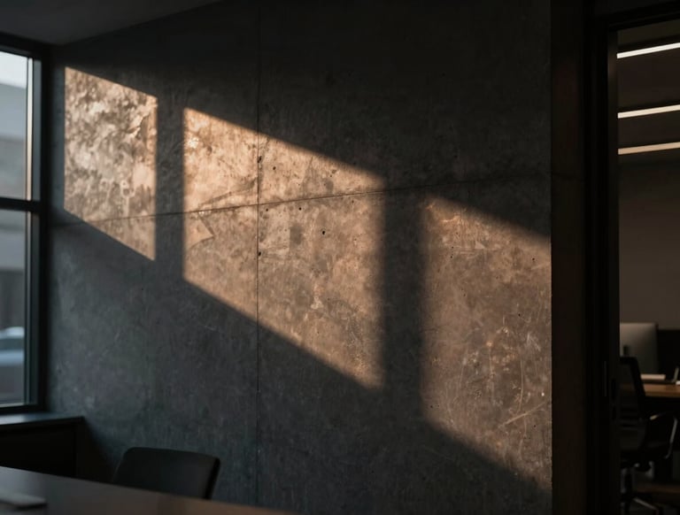 Abstract geometric shadows casting on a dark concrete wall inside a modern minimalist office, moody editorial lighting, warm bronze highlights