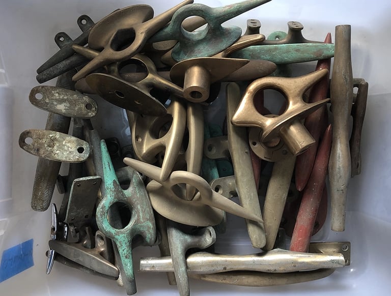 A bin full of marine cleats inside an assemblage artist's studio.