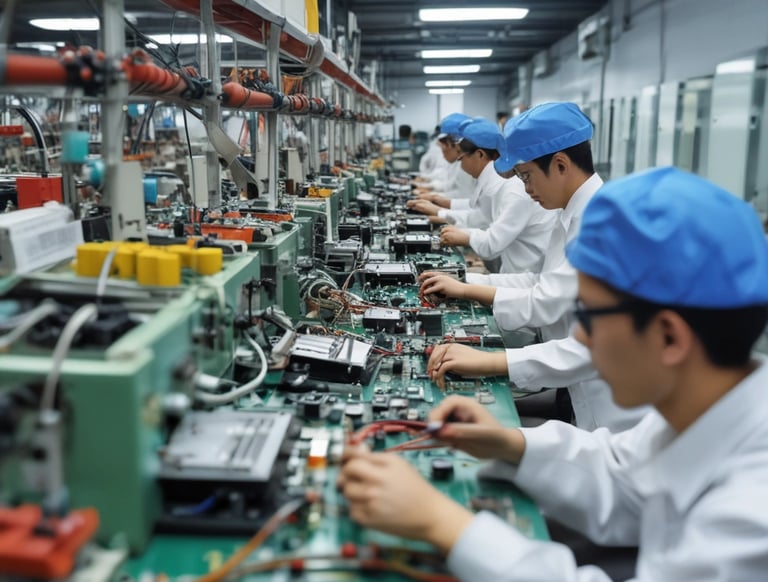 Photo of Meizhi's modern manufacturing facility in Zhongshan, China, with workers assembling LED drivers.