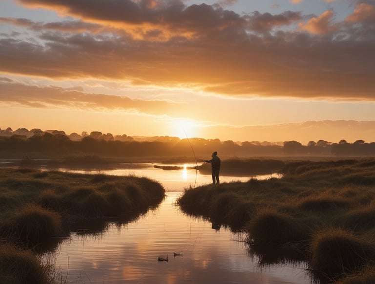 A serene morning scene of an angler casting a fly rod into the calm River Tees with lush green banks.
