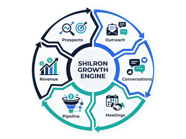 Shilron Growth Engine infographic showing the journey from prospects to revenue growth.
